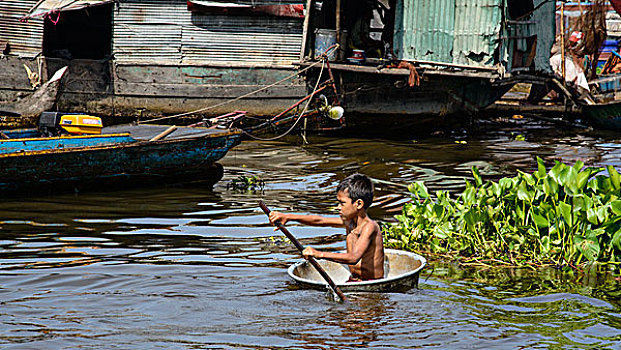 柬埔寨,收获,男孩,漂浮,洗盆