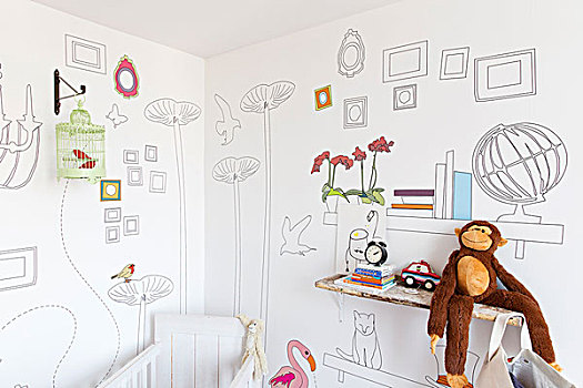 壁纸,图案,线条,绘画,童房,猴子,毛绒玩具,乡村,木质,架子