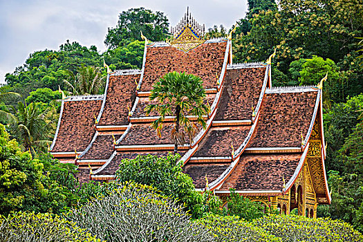 老挝,琅勃拉邦,省,打扫,屋顶,庙宇,地面,山楂,康巴,皇宫,复杂,传统风格,建筑