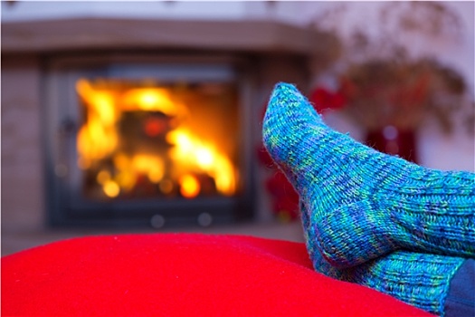 脚,毛织品,蓝色,袜子,壁炉