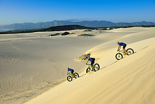 山地车手,自行车,下降,沙丘,骑自行车,海滩,自然保护区,西海角,南非,非洲