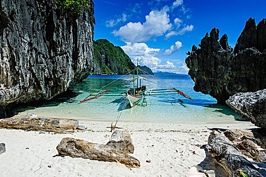 船,小,白色,海滩,晶莹,清水,群岛,巴拉望岛,菲律宾
