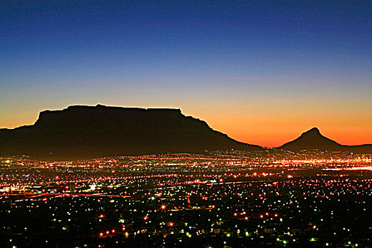桌山,狮子,头部,日落,城市灯光,开普敦,南非