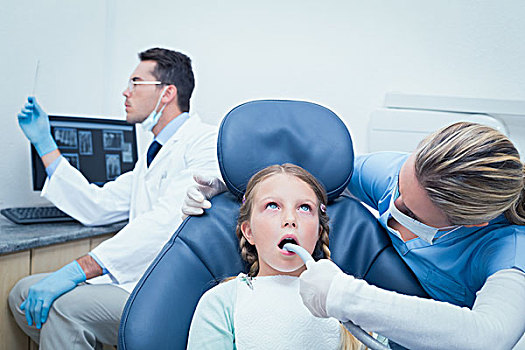 女性,牙医,检查,女孩,牙齿