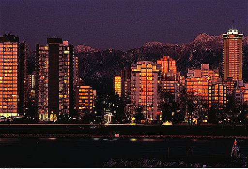城市天际线,夜晚,温哥华,不列颠哥伦比亚省,加拿大