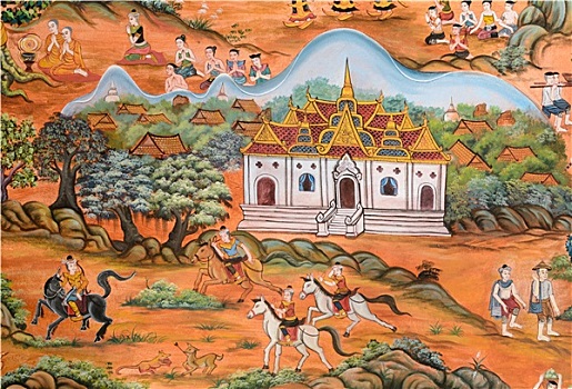 泰国人,壁画,生活,过去,庙宇,墙壁,泰国