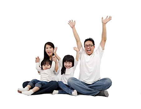 高兴,亚洲家庭,隔绝,白色背景