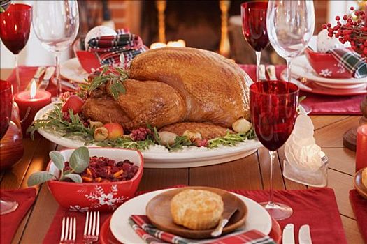 圣诞桌,火鸡,正面,壁炉,美国