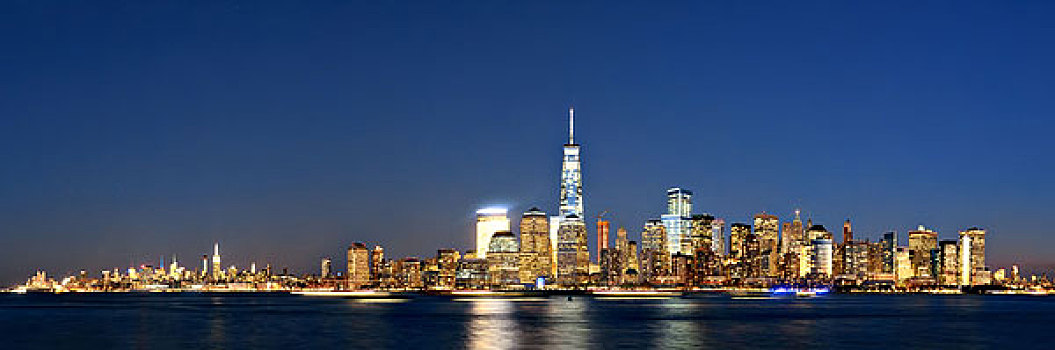纽约,天际线,摩天大楼,上方,哈得逊河,新泽西,夜晚