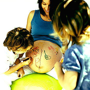 孩子,绘画,怀孕,腹部