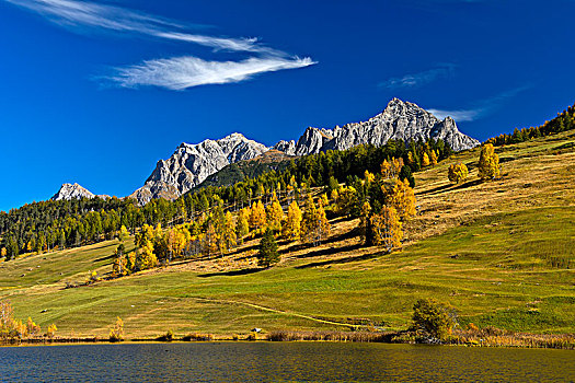 湖,山景,秋天,恩加丁,瑞士,欧洲