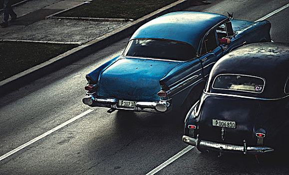 俯拍,两个,经典,20世纪50年代,汽车,驾驶,道路