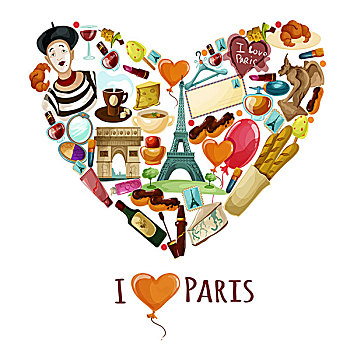 巴黎,海报,卡通,旅游,象征,心形,矢量