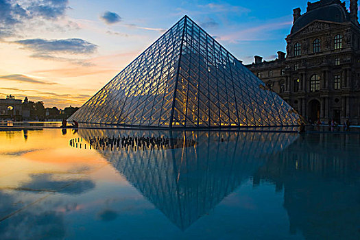 卢浮宫,金字塔,日落,巴黎,法国,欧洲