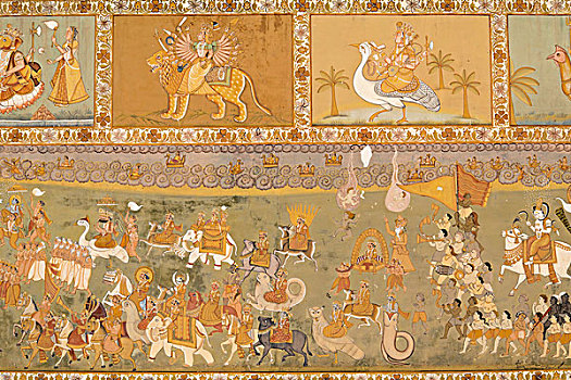壁画,靠近,大门,梅兰加尔堡,拉贾斯坦邦,印度,亚洲