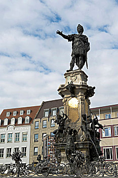雕塑,喷泉,广场,斯瓦比亚,巴伐利亚,德国,欧洲
