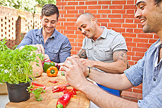 三个,男性,朋友,笑,做饭,花园,烧烤