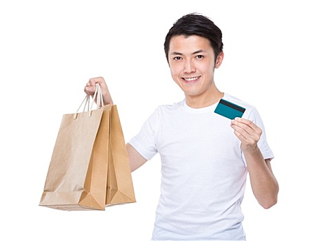 亚洲人,男人,拿着,购物袋,信用卡