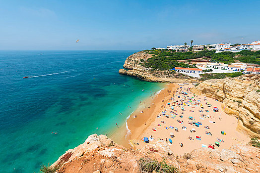 沙滩,海滩,蓝绿色海水,崎岖,岩石海岸,砂岩,岩石构造,海中,阿尔加维,拉各斯,葡萄牙,欧洲