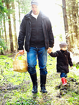 父亲,女儿,采蘑菇,树林,瑞典