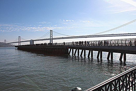 人,码头,奥克兰湾大桥,上方,湾,背景,旧金山,美国