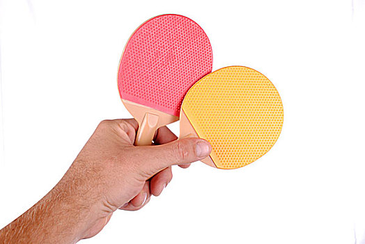 手,两个,乒乓球,球拍,隔绝,白色背景