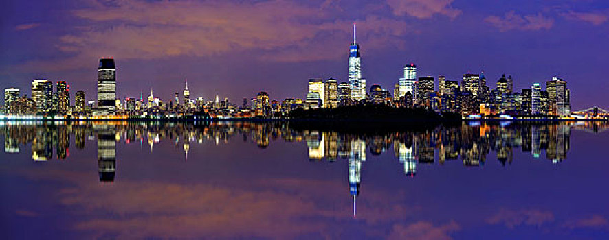 纽约,夜晚,全景,城市,建筑,反射