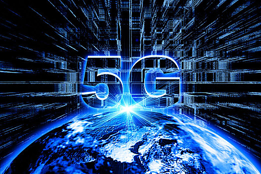 5G高速發展覆蓋地球概念創意圖。3D渲染發冷光的地球與具有爆炸透視感的光線。