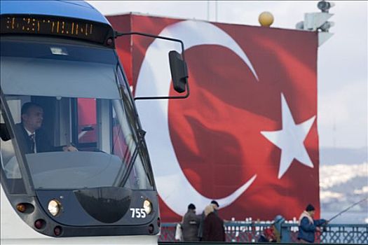 土耳其,伊斯坦布尔,有轨电车,加拉达塔,河,土耳其人,旗帜