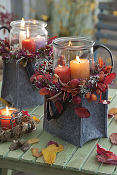 秋天,包,蜡烛,花环,苹果树