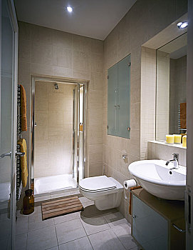 现代,浴室,地砖,淋浴间,卫生间,镜子,盥洗池,木质,柜子