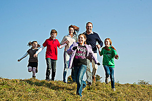 家庭,四个,儿童,跑,上方,草地