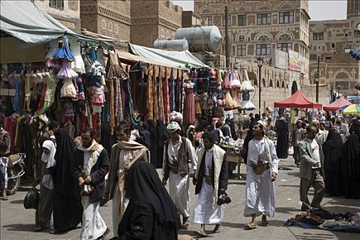 布,集市,衣服,售出,露天市场,市场,历史,中心,世界遗产,也门,中东