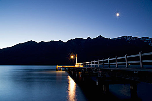 灯光,结束,木质,码头,满月,空中,南岛,新西兰
