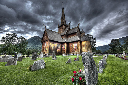 教堂,洛姆,正面,老,墓碑,挪威,欧洲