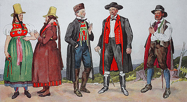 人,传统服装,时尚,衣服,德国,巴登,19世纪,插画,欧洲