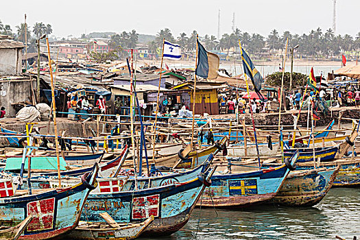 非洲,西非,加纳,海岸,风景,手绘,独木舟,渔船