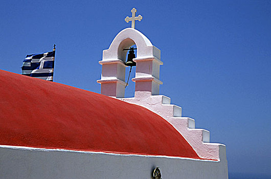 希腊,基克拉迪群岛,米克诺斯岛,教堂,墙壁,栅栏,大门,目的地,景象,信念,宗教,基督教,屋顶,红色,钟,十字架,旗帜,蓝色,晴天