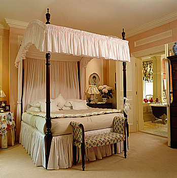 奢华,四柱床,白色,篷子,高处,床,粉色,卧室