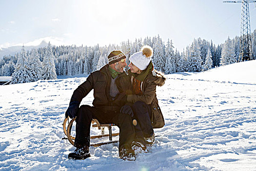 老年,夫妻,雪景,坐,雪橇,面对面,微笑,提洛尔,奥地利