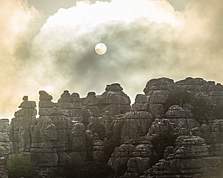 怪诞,石灰石,岩石构造,太阳,雾,自然保护区,安提奎尔,安达卢西亚,西班牙,欧洲