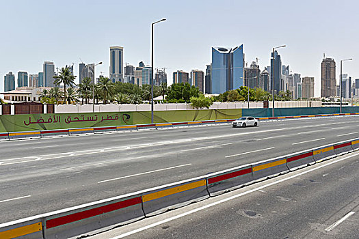 汽车,道路,五个,巷道,正面,天际线,多哈,卡塔尔,亚洲