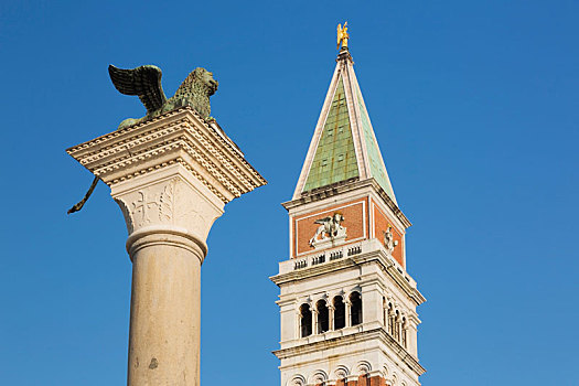 青铜,狮子,柱子,钟楼,广场,威尼斯,威尼托,意大利