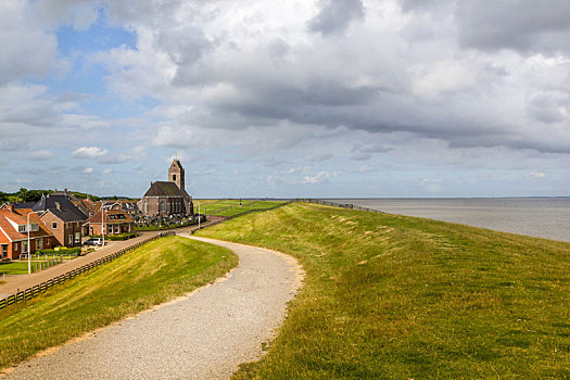 风景,后面,堤岸,教堂,荷兰,北海
