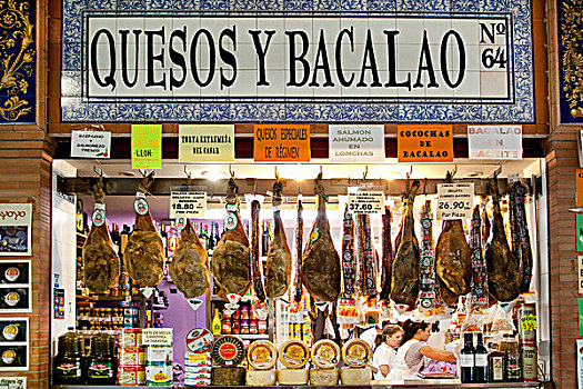 市集,市场,奶酪,火腿,西班牙山火腿,鱼肉,塞维利亚,安达卢西亚,西班牙,欧洲