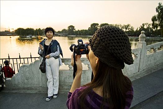 中国,北京,游客,拍照,湖,黄昏