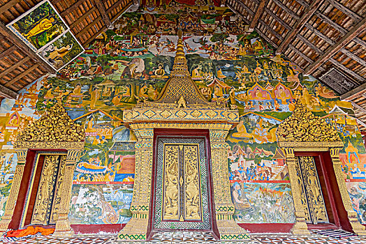 壁画,生活,佛,正面,禁止,庙宇,琅勃拉邦,老挝