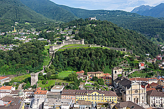 城市,教区教堂,城堡,墙壁,贝林佐纳,提契诺河,瑞士