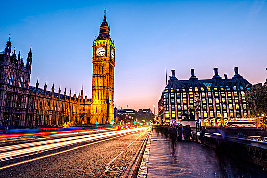 光影,正面,大本钟,黃昏,夜光,日落,议会大厦,威斯敏斯特桥,威斯敏斯特,伦敦,区域,英格兰,英国,欧洲