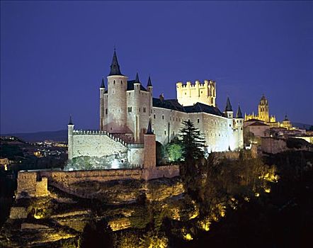 夜晚,城堡,塞戈维亚,卡斯蒂利亚,西班牙